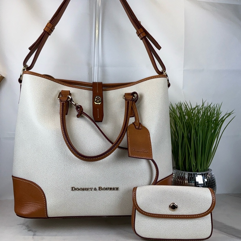 Dooney & Bourke Cream Canvas Tote with Brown Leather Trim and Matching Pouch - Picture 4 of 16